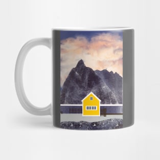 Yellow Little cabin in Norway Sakrisoy island In the dark Mug